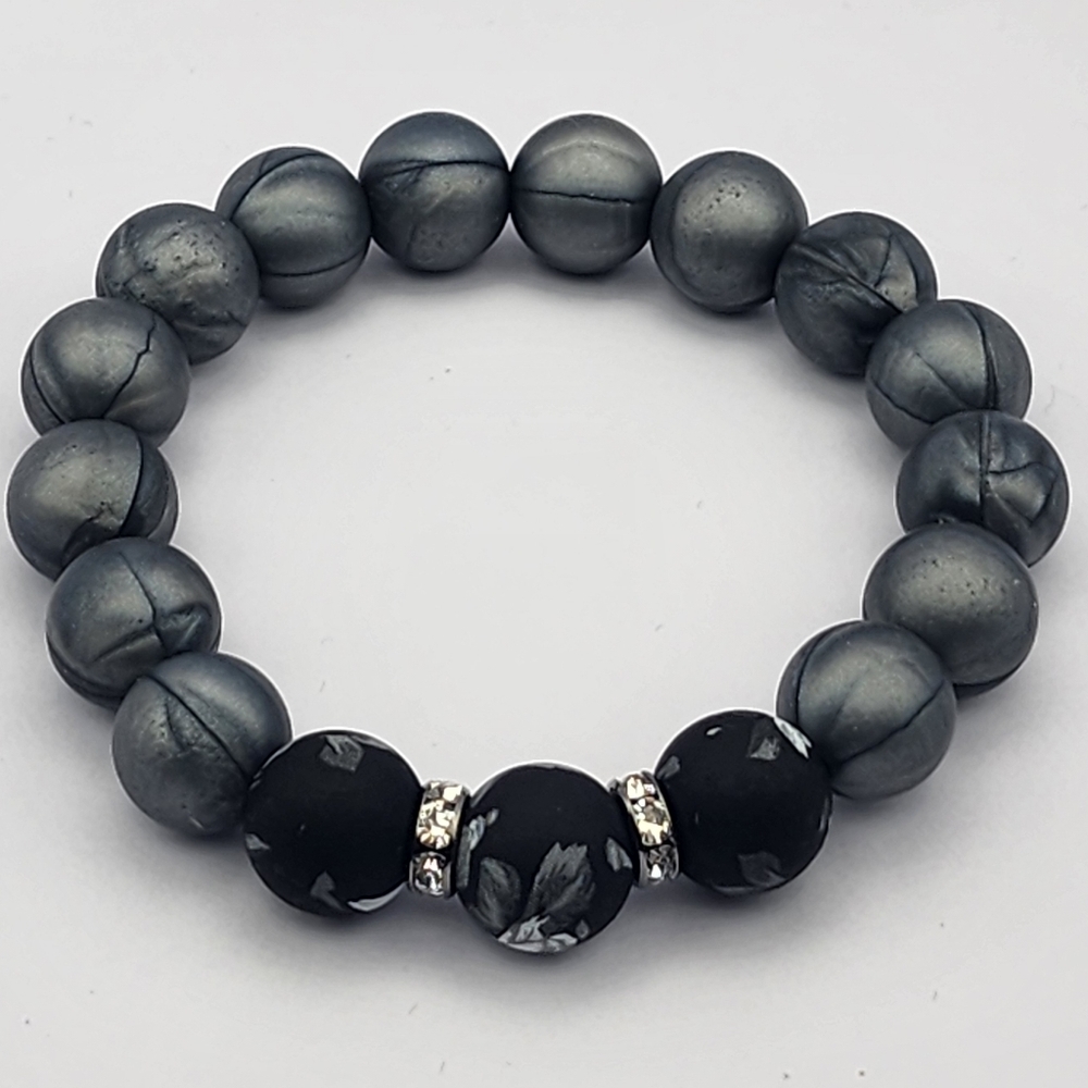 Black Silver flower silicone bracelet stretch rhinestone Design by FreeSpirit
